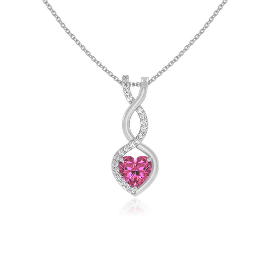 lab grown pink-sapphire heart infinity necklaces in platinum 