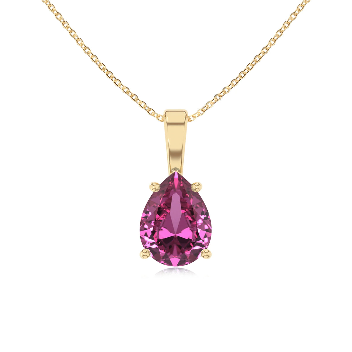 lab grown pink-sapphire pear solitaire necklaces in yellow gold 