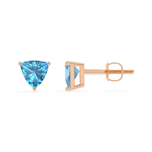 natural swiss blue topaz trillion stud earrings in rose gold 