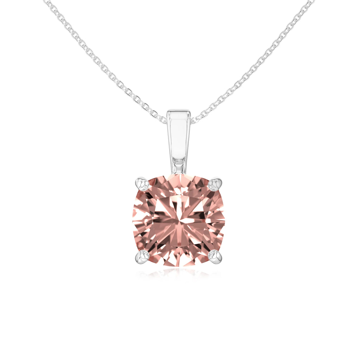 lab grown morganite cushion solitaire necklaces in sterling silver 