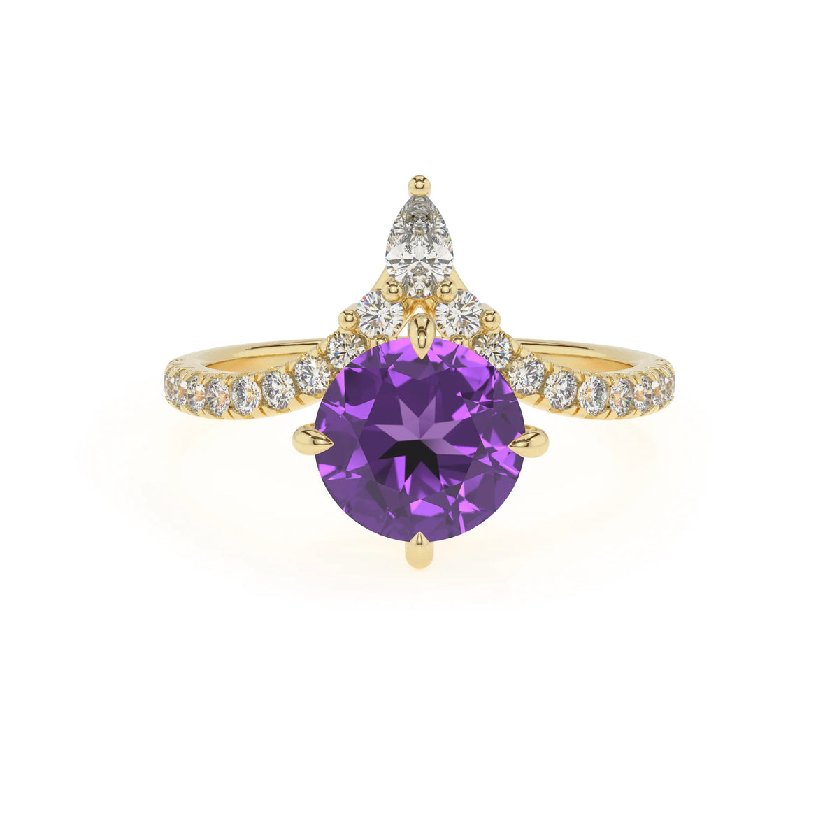 lab grown amethyst round solitaire rings in yellow gold 