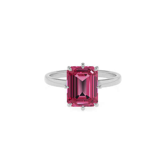 lab grown pink-tourmaline emerald cut solitaire rings in platinum 