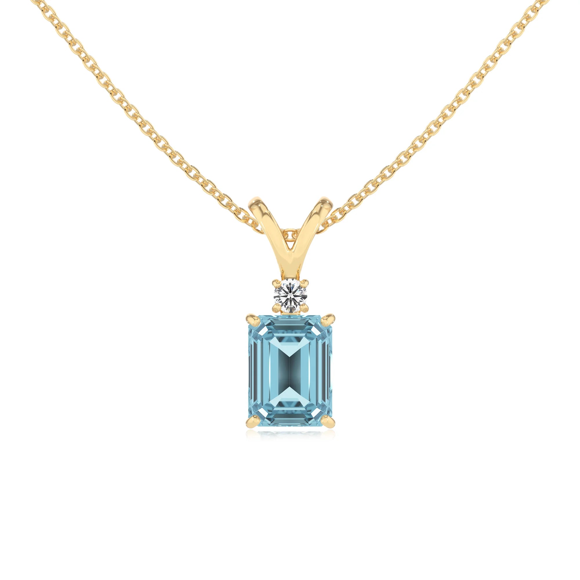 lab grown aquamarine emerald cut solitaire v-bale necklaces in yellow gold 