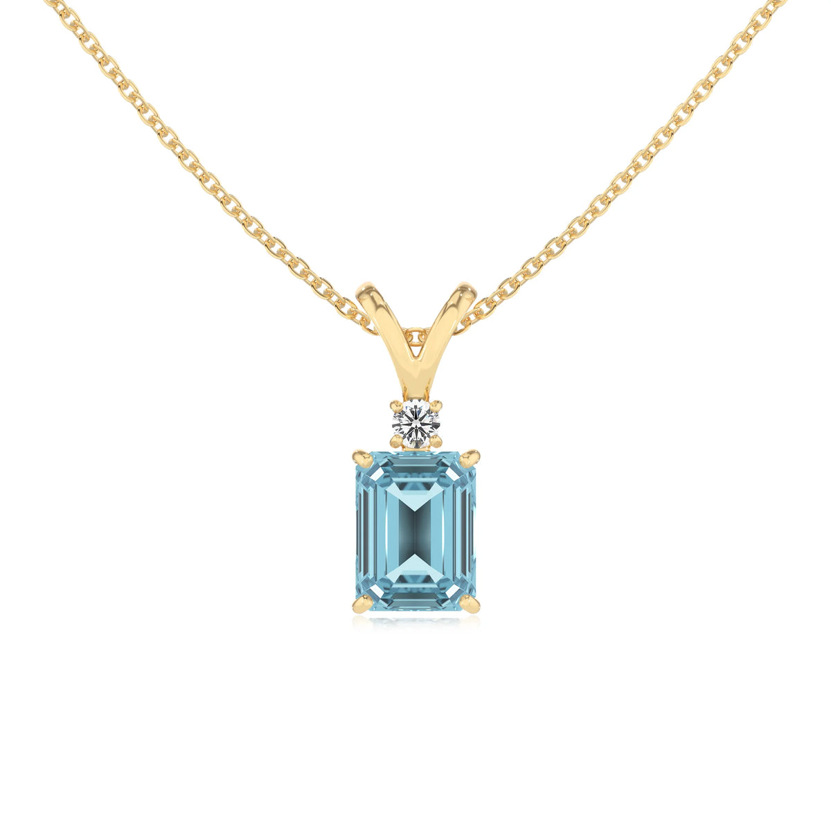 lab grown aquamarine emerald cut solitaire v-bale necklaces in yellow gold 