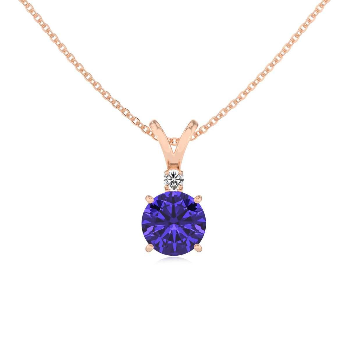 lab grown tanzanite round solitaire v-bale necklaces in rose gold 