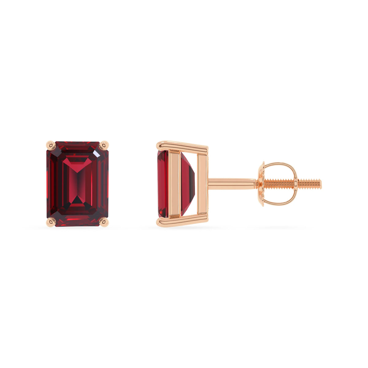 lab grown ruby emerald cut stud earrings in rose gold 