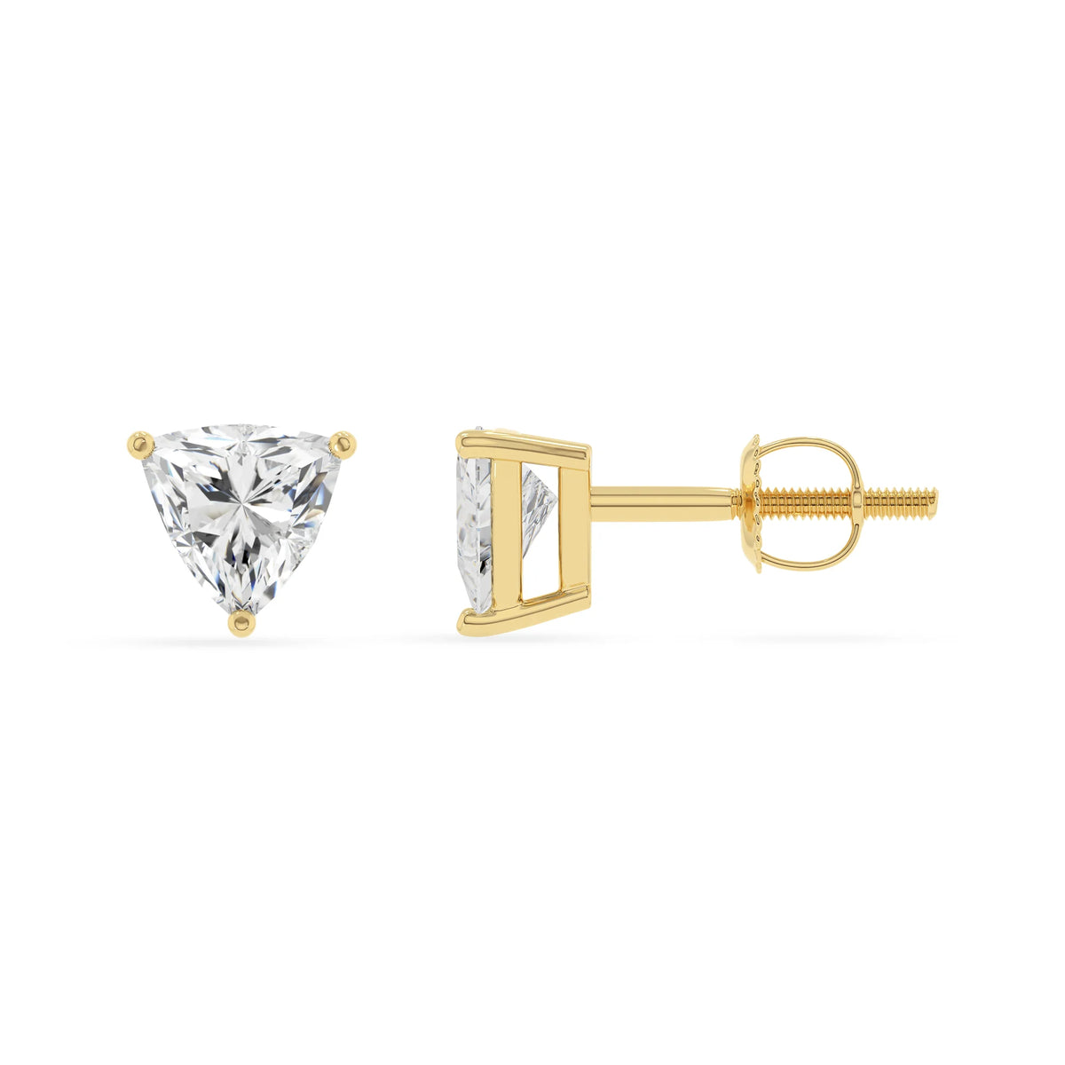 lab grown moissanite trillion stud earrings in yellow gold 