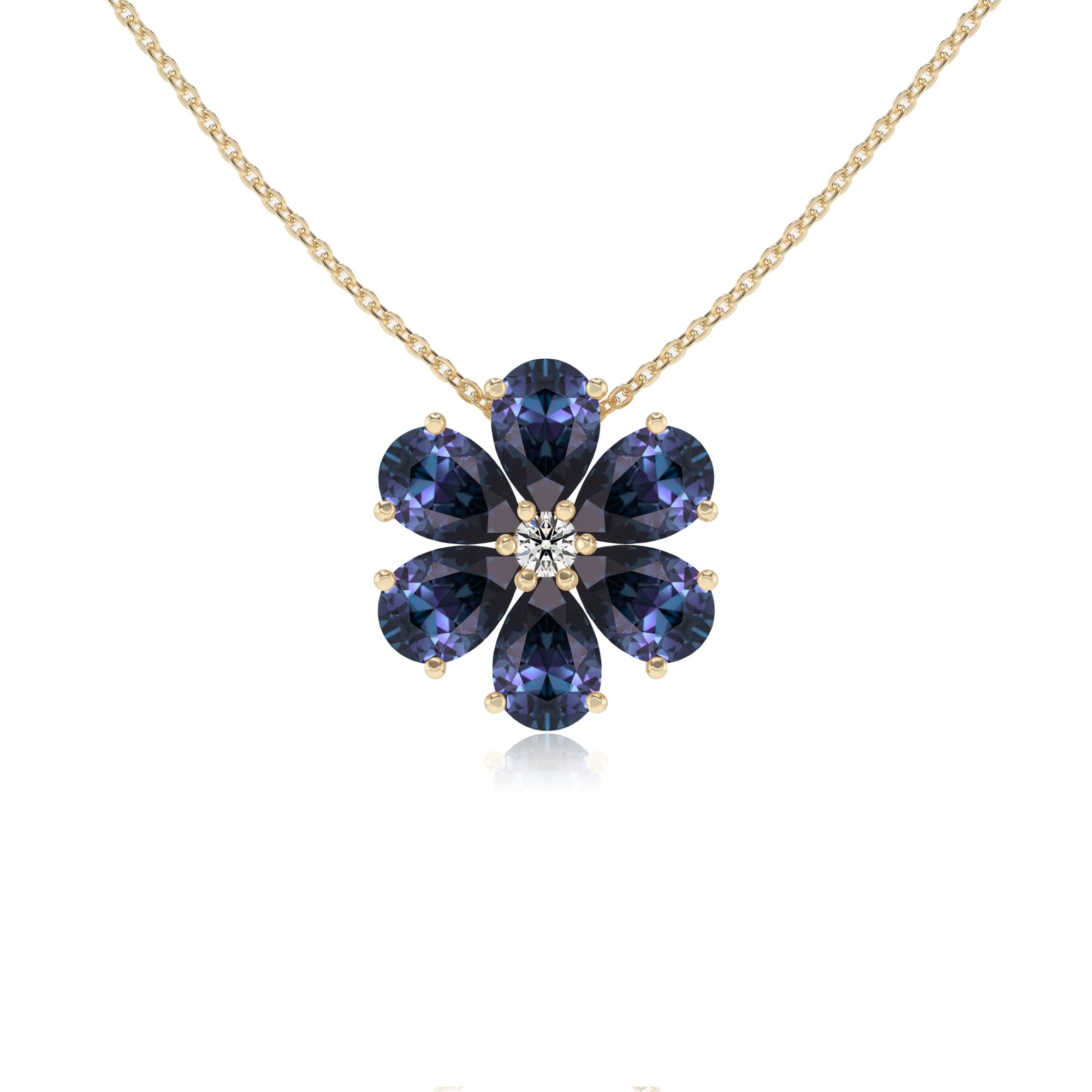 lab grown alexandrite pear solitaire necklaces in yellow gold 