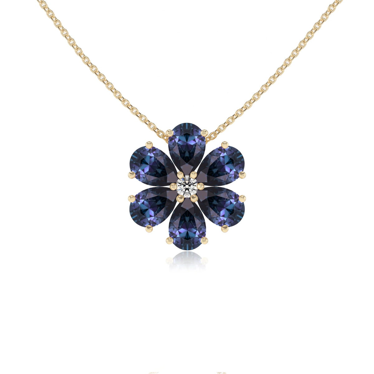 lab grown alexandrite pear solitaire necklaces in yellow gold 
