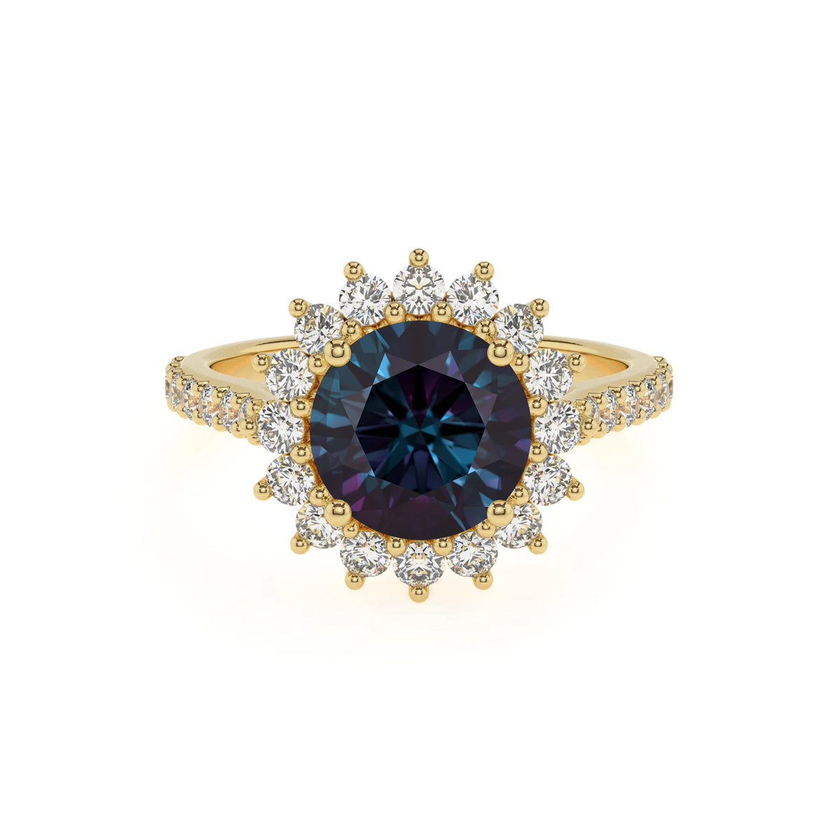 lab grown alexandrite round solitaire rings in yellow gold 