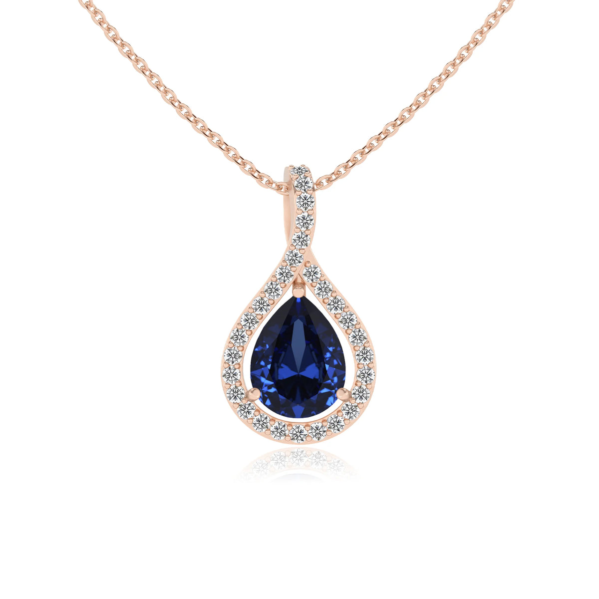 lab grown blue-sapphire pear solitaire necklaces in rose gold 