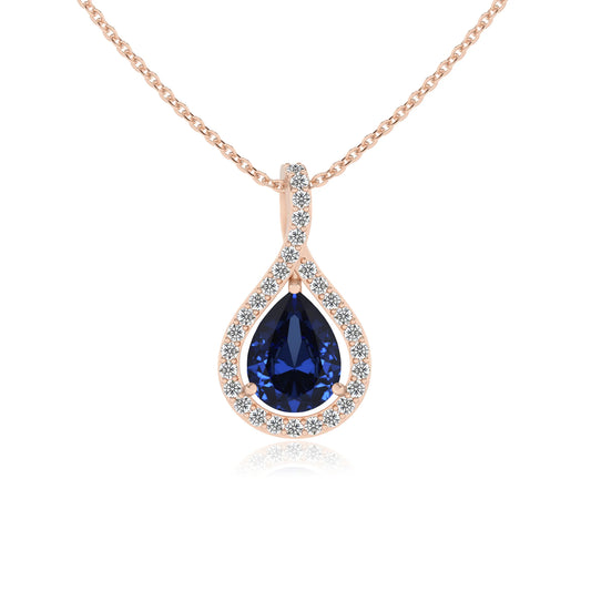 lab grown blue-sapphire pear solitaire necklaces in rose gold 