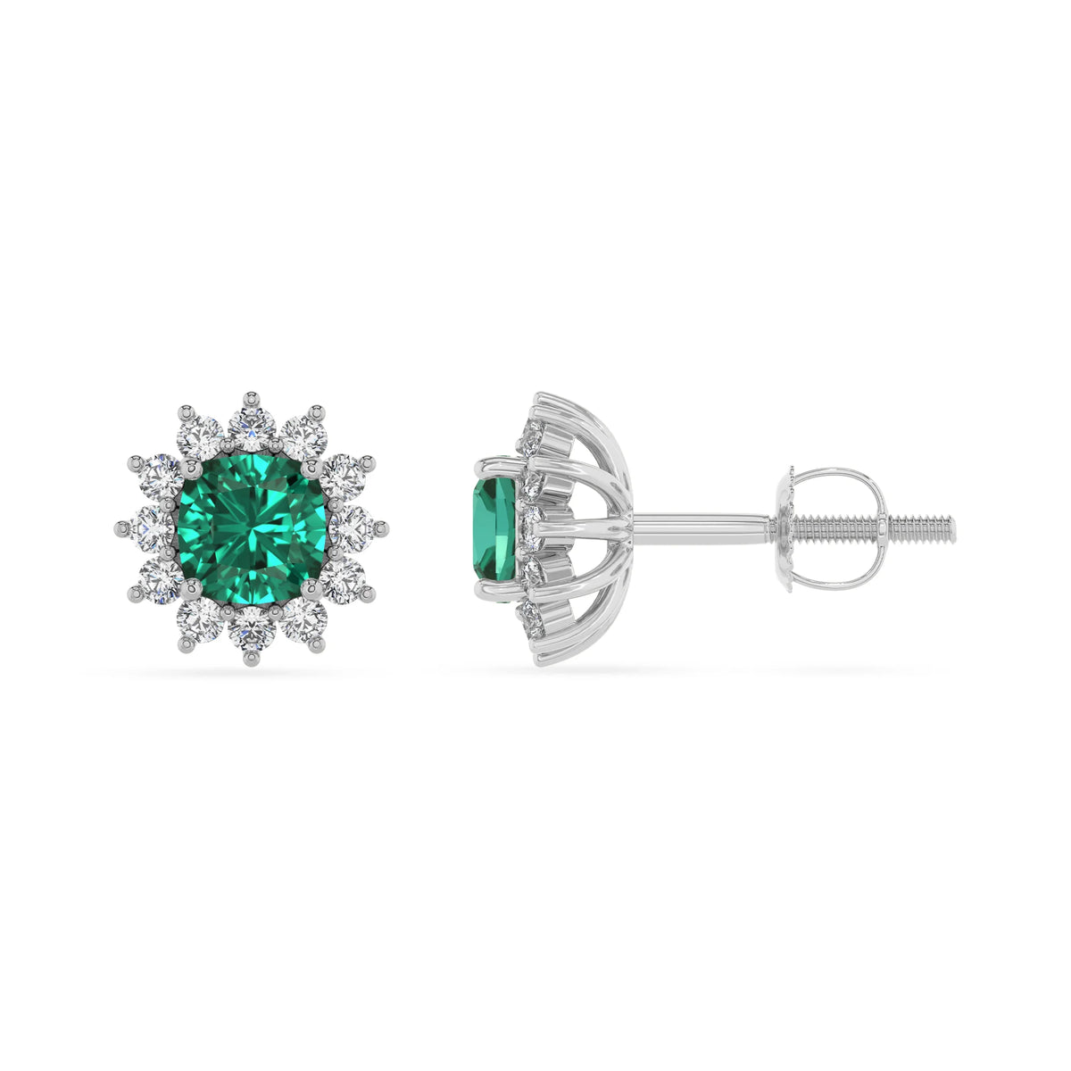 lab grown emerald cushion stud earrings in sterling silver 