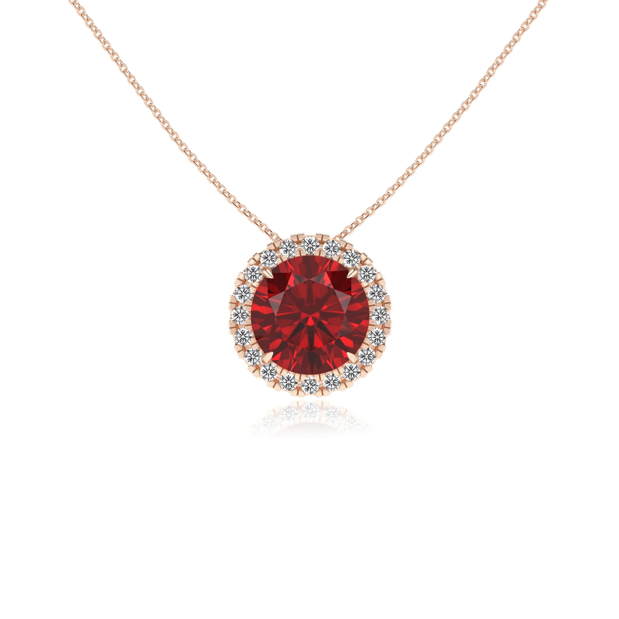 lab grown ruby round solitaire necklaces in rose gold 