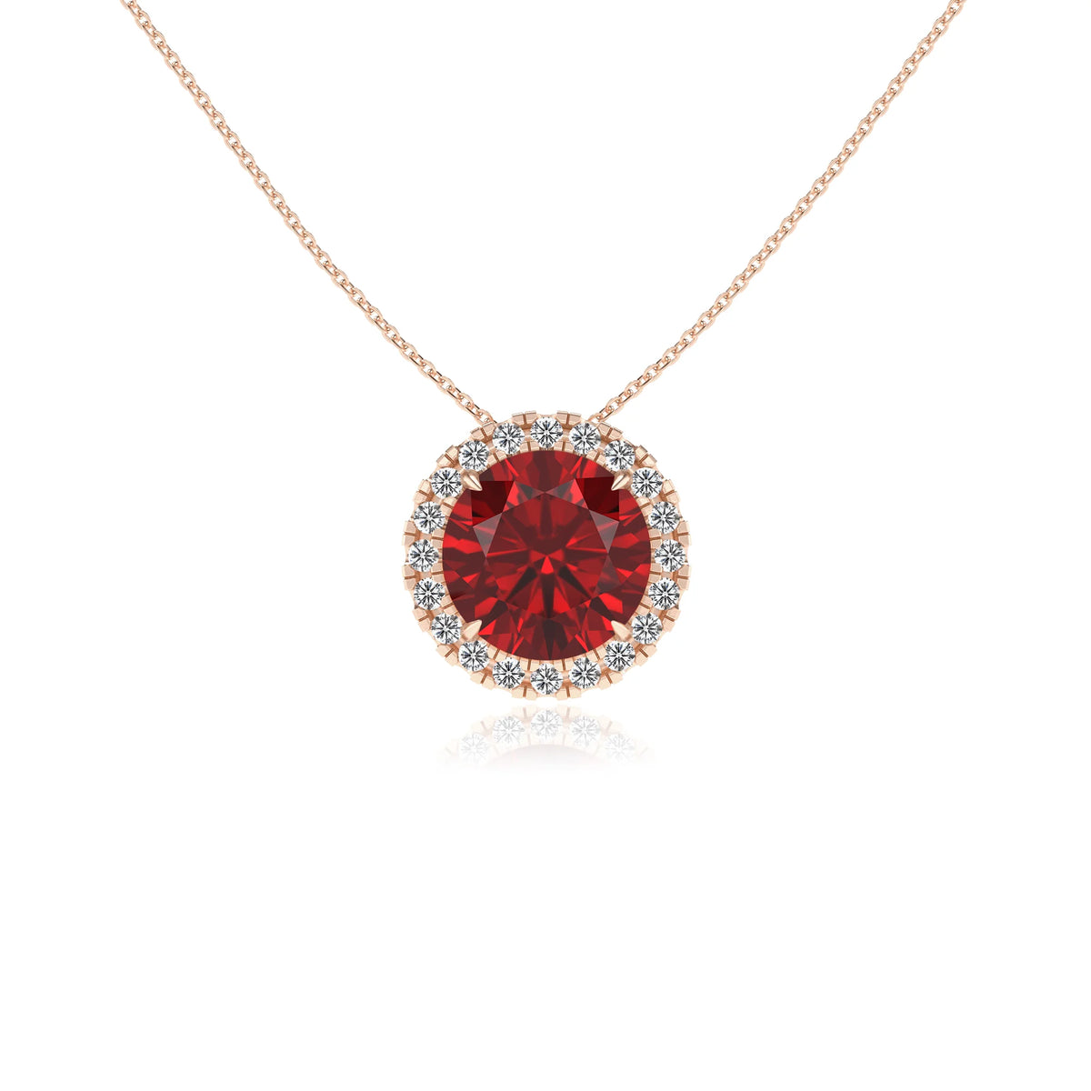 lab grown ruby round solitaire necklaces in rose gold 