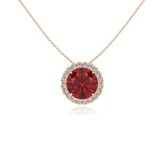 lab grown ruby round solitaire necklaces in rose gold 