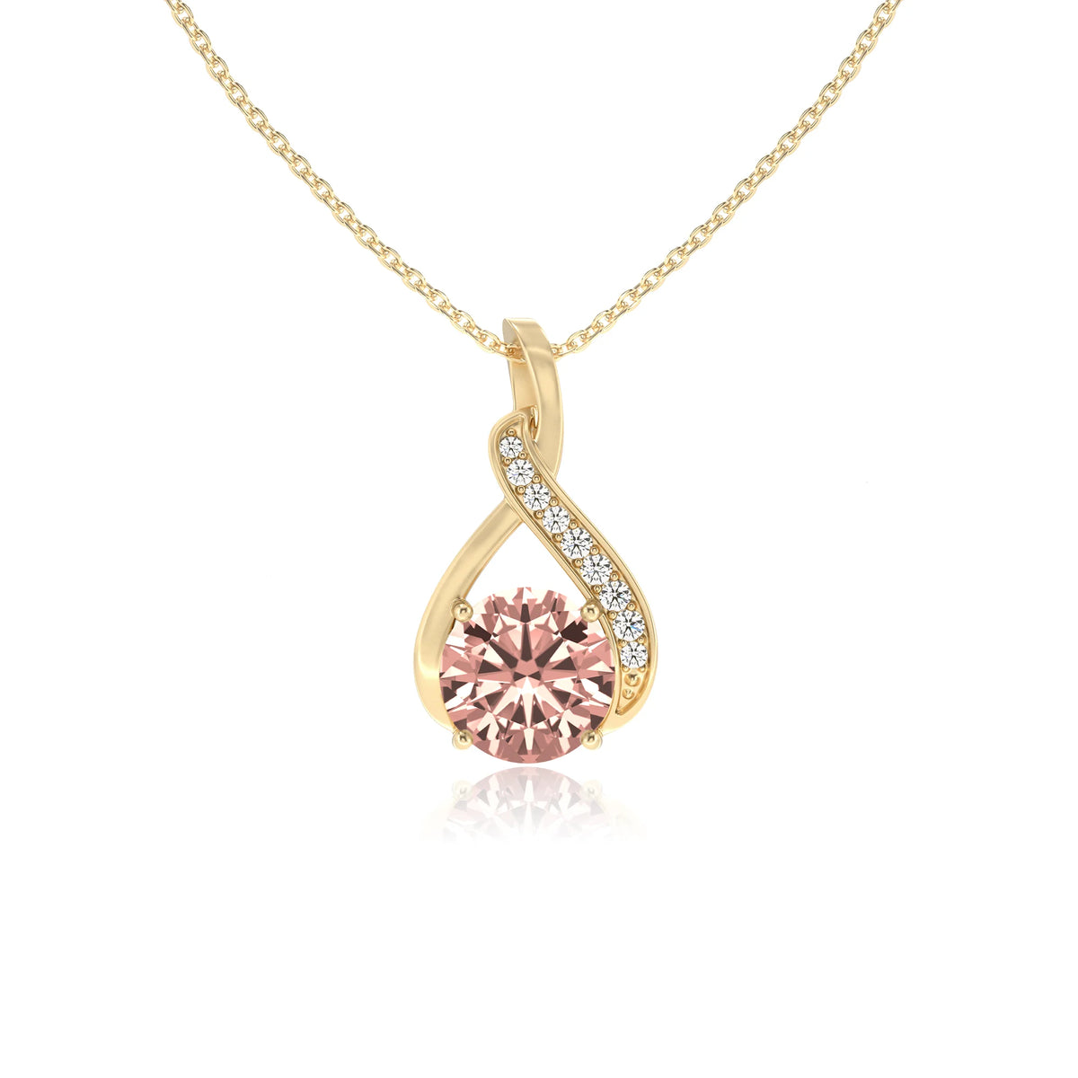 lab grown morganite round solitaire necklaces in yellow gold 