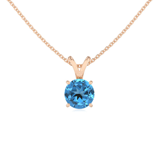 natural swiss-blue-topaz round solitaire v-bale necklaces in rose gold 