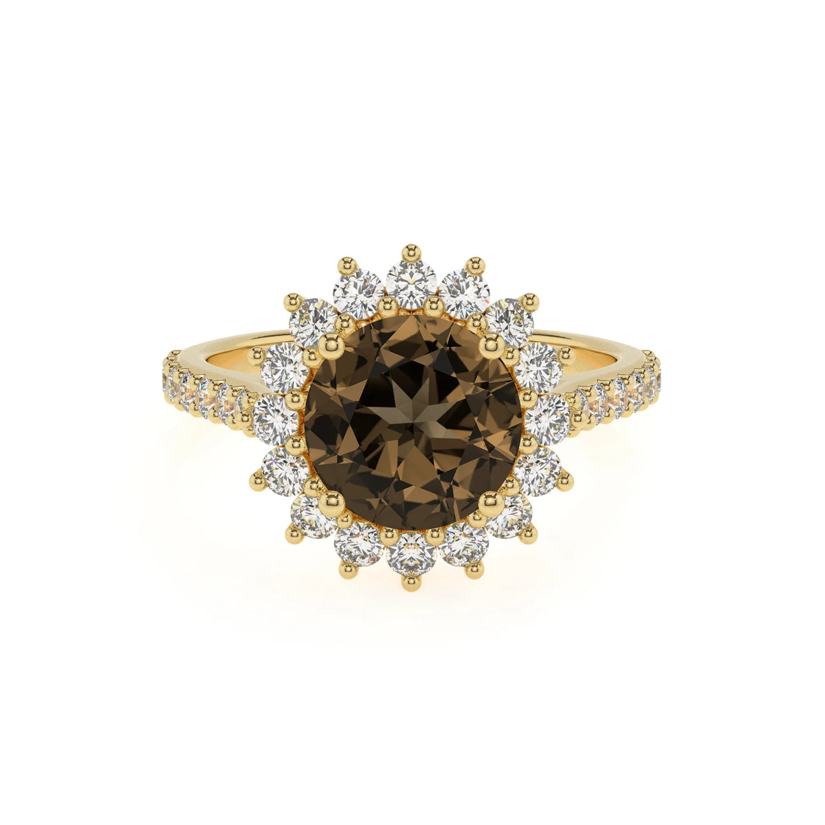 natural smoky-quartz round solitaire rings in yellow gold 