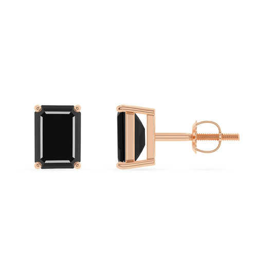 natural black onyx emerald cut stud earrings in rose gold 
