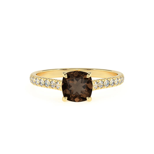 natural smoky-quartz cushion half eternity solitaire engagement rings in yellow gold 