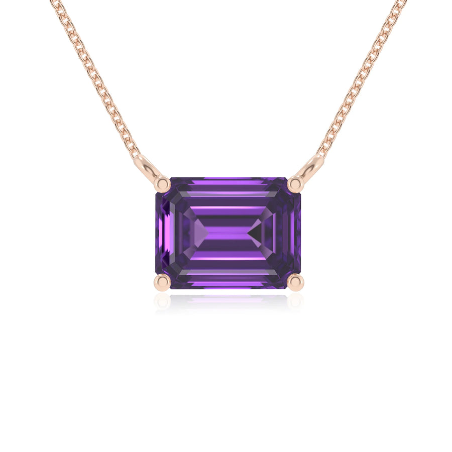 lab grown amethyst emerald cut solitaire necklaces in rose gold 