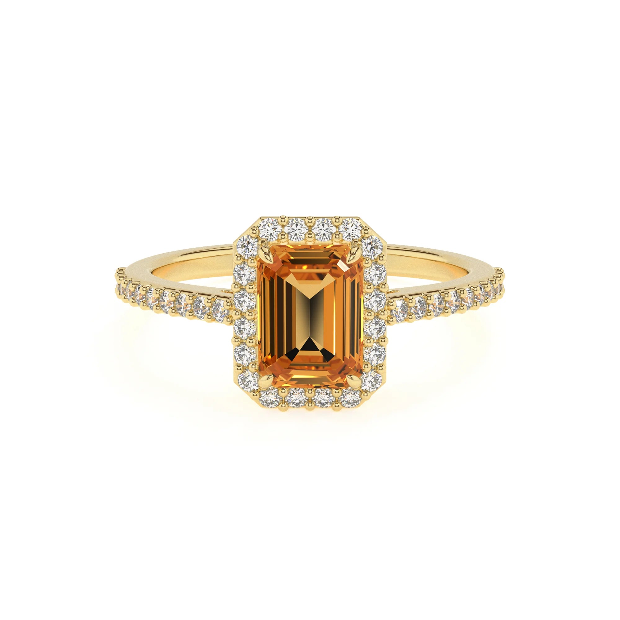 lab grown citrine emerald cut solitaire rings in yellow gold 
