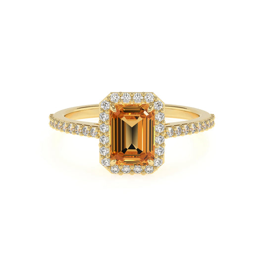lab grown citrine emerald cut solitaire rings in yellow gold 