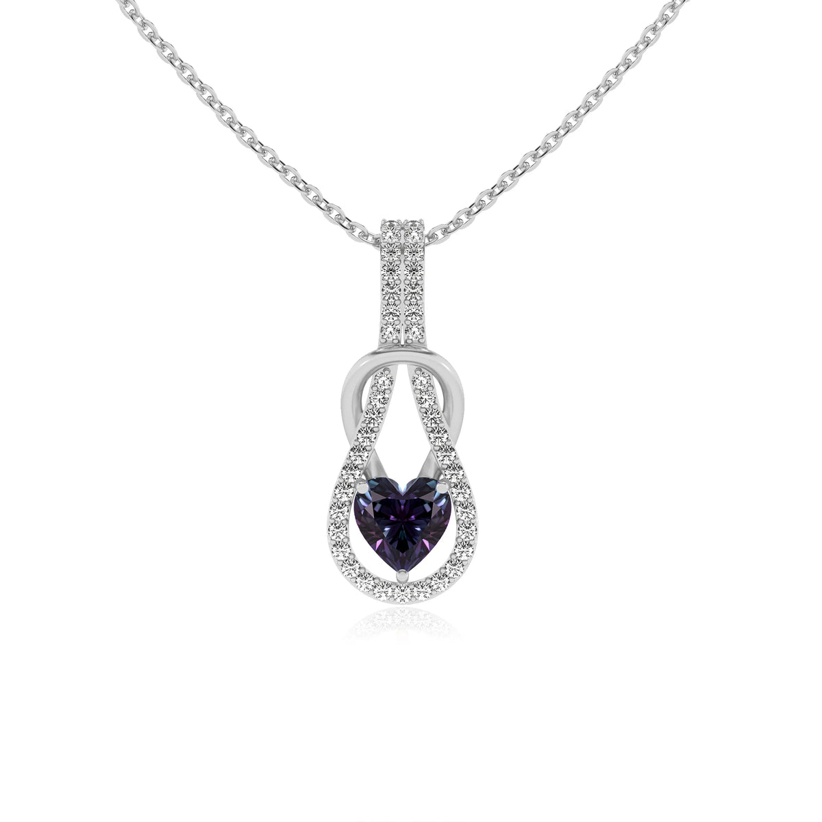 lab grown alexandrite heart infinity  v-bale necklaces in white gold 