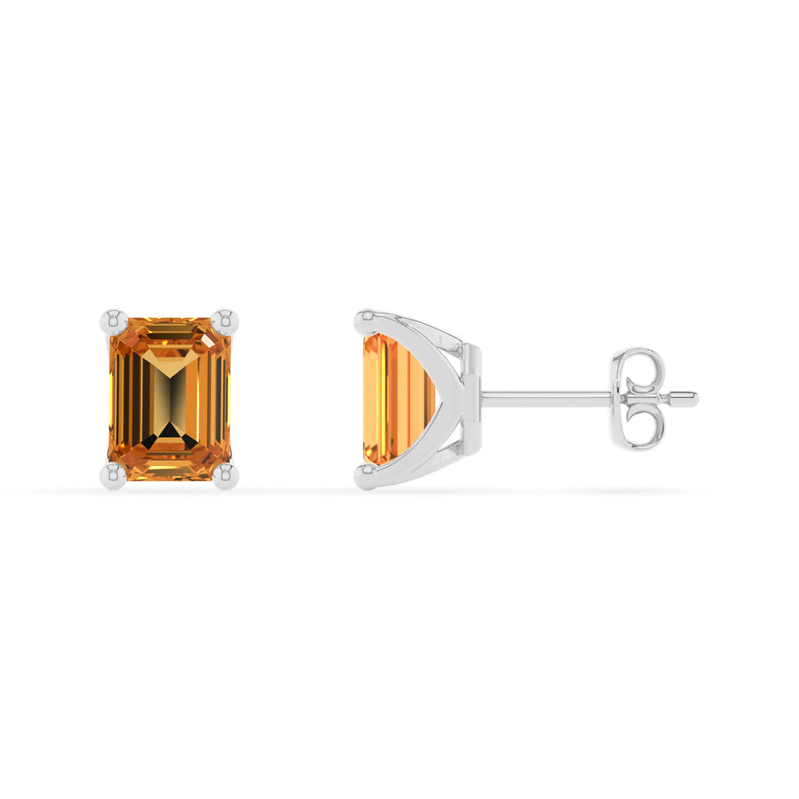 lab grown citrine emerald cut stud earrings in white gold 