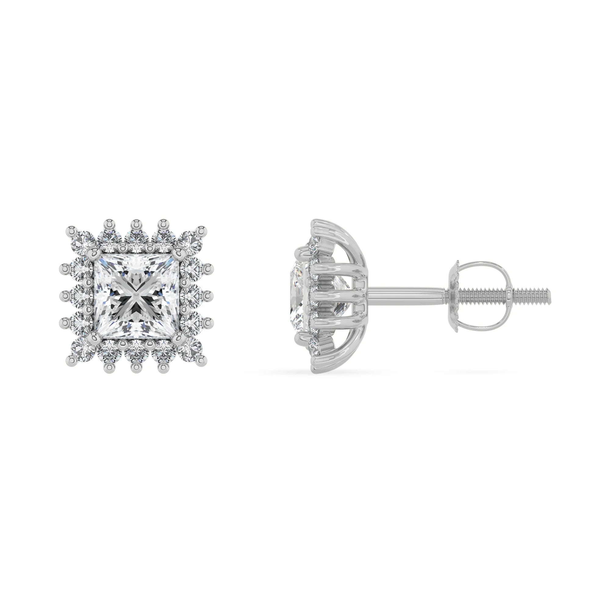 lab grown moissanite princess stud earrings in white gold 