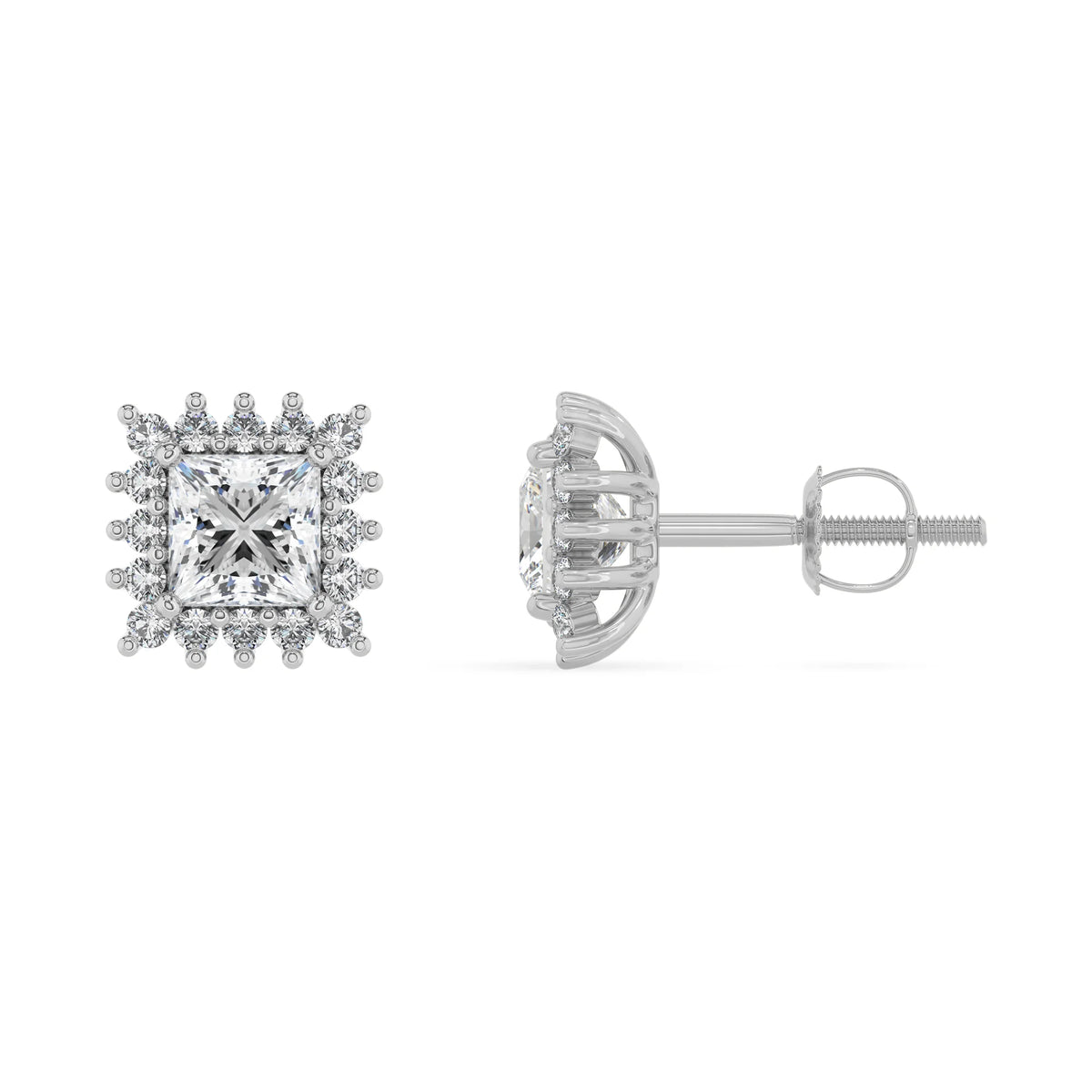lab grown moissanite princess stud earrings in white gold 