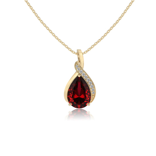 lab grown ruby pear solitaire necklaces in yellow gold 