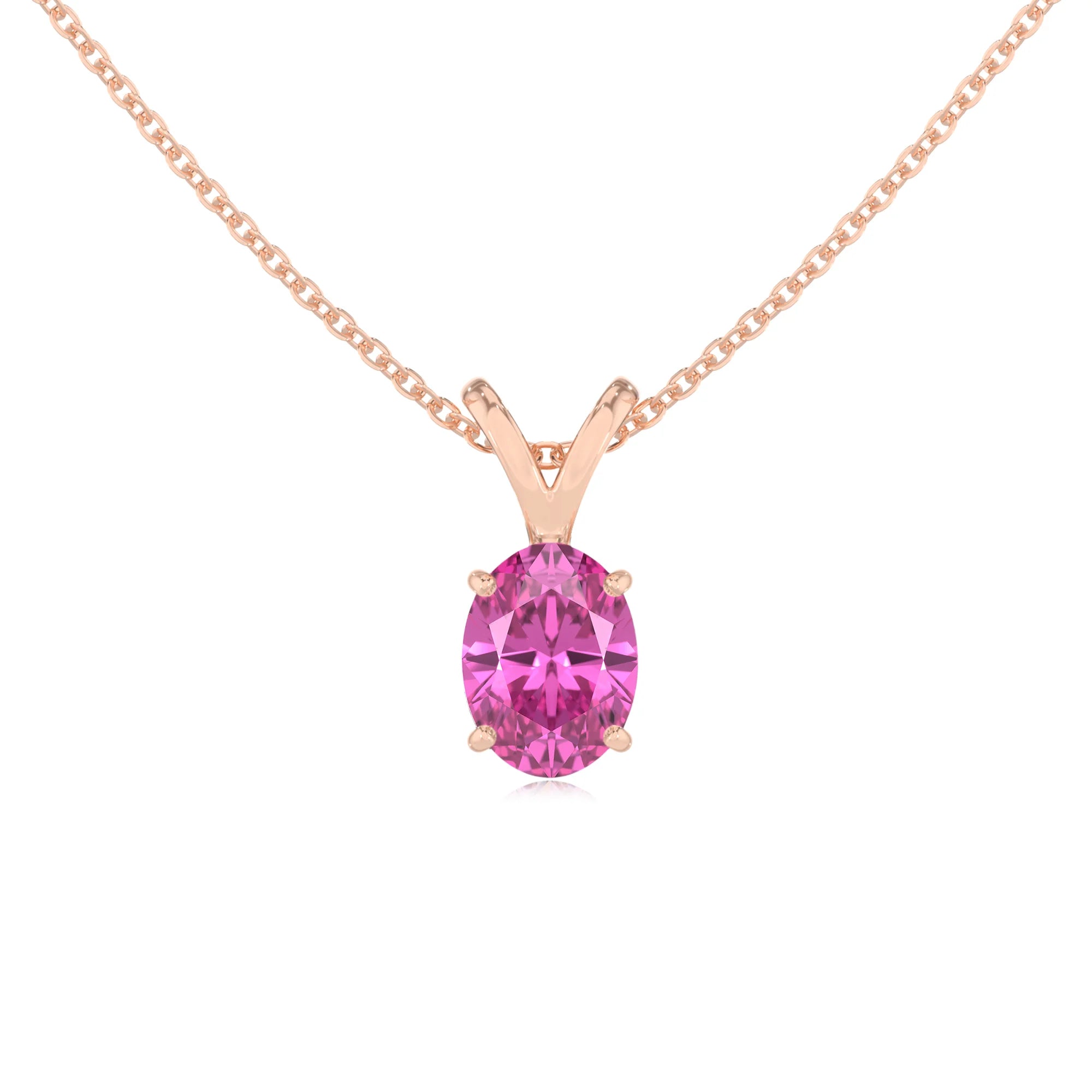 lab grown pink-sapphire oval solitaire v-bale necklaces in rose gold 