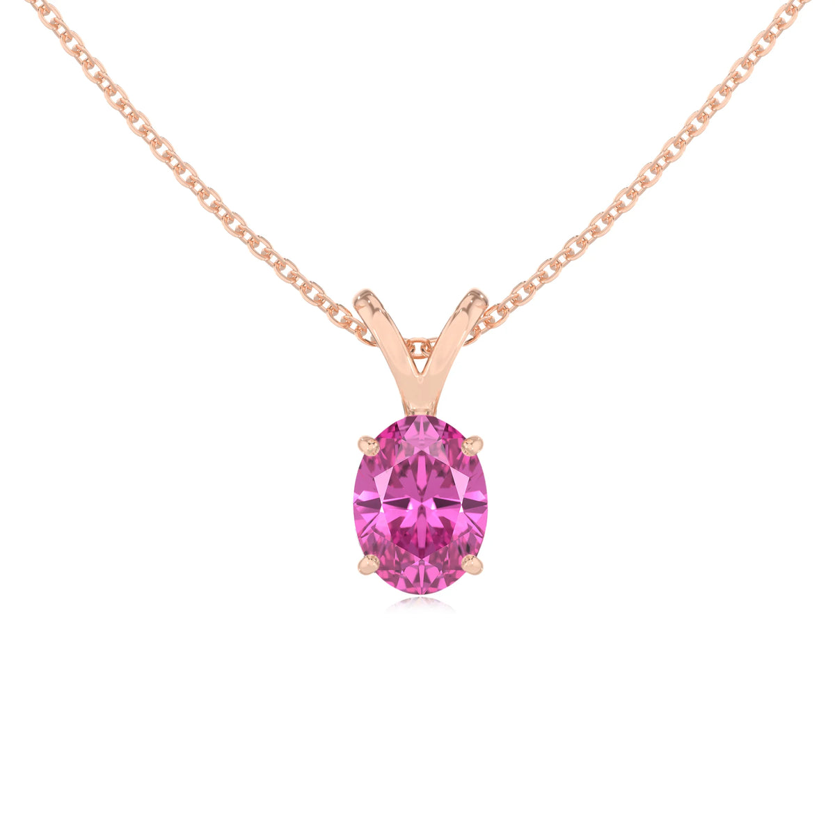 lab grown pink-sapphire oval solitaire v-bale necklaces in rose gold 