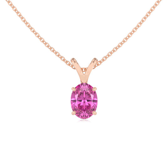 lab grown pink-sapphire oval solitaire v-bale necklaces in rose gold 