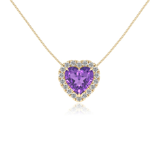 lab grown amethyst heart solitaire necklaces in yellow gold 