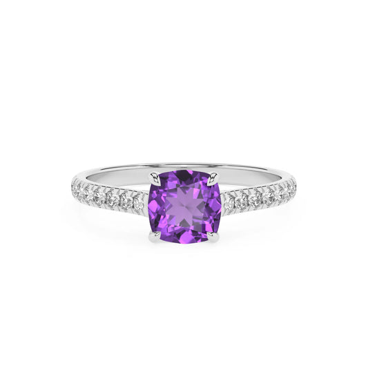 lab grown amethyst cushion half eternity solitaire engagement rings in sterling silver 