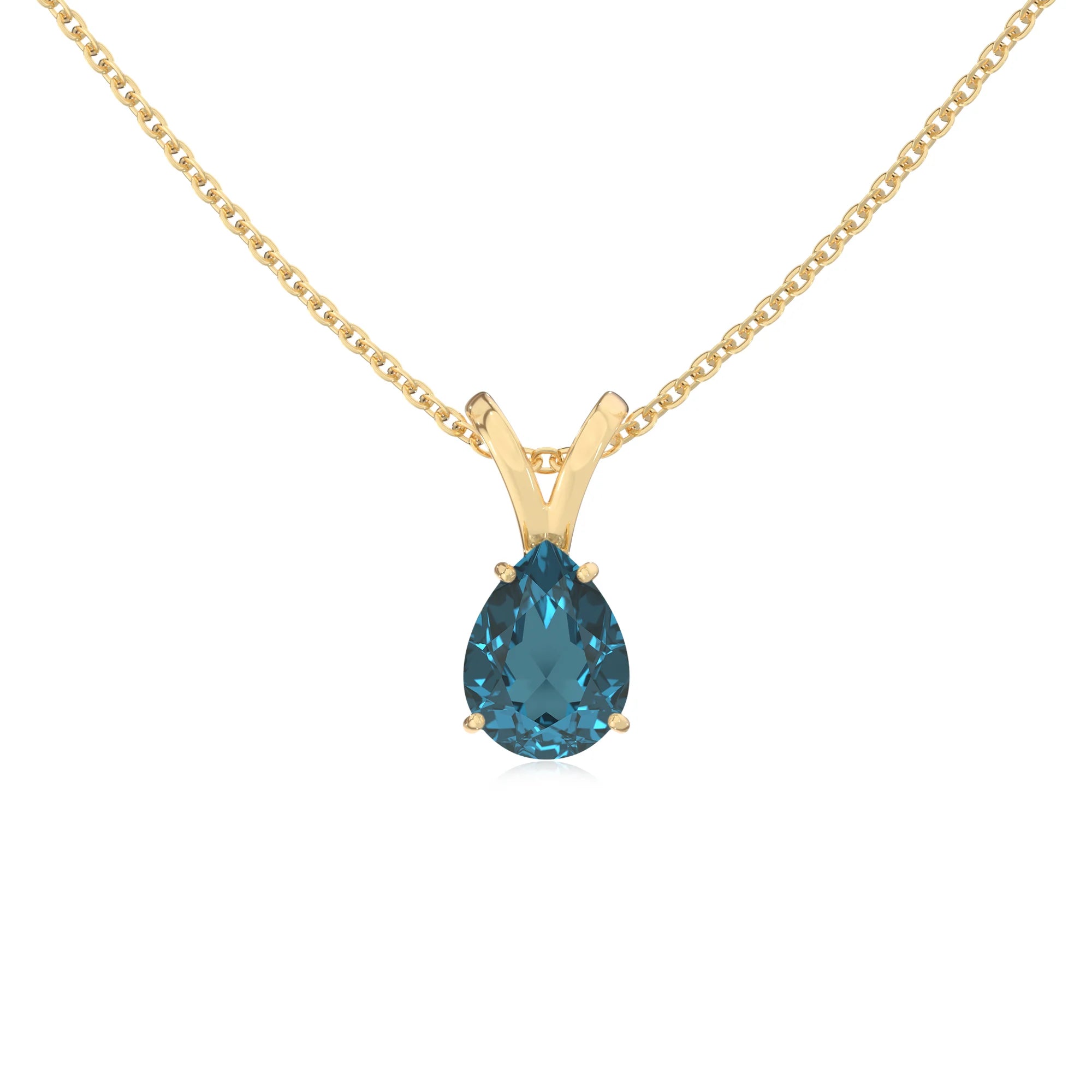 natural london-blue-topaz pear solitaire v-bale necklaces in yellow gold 