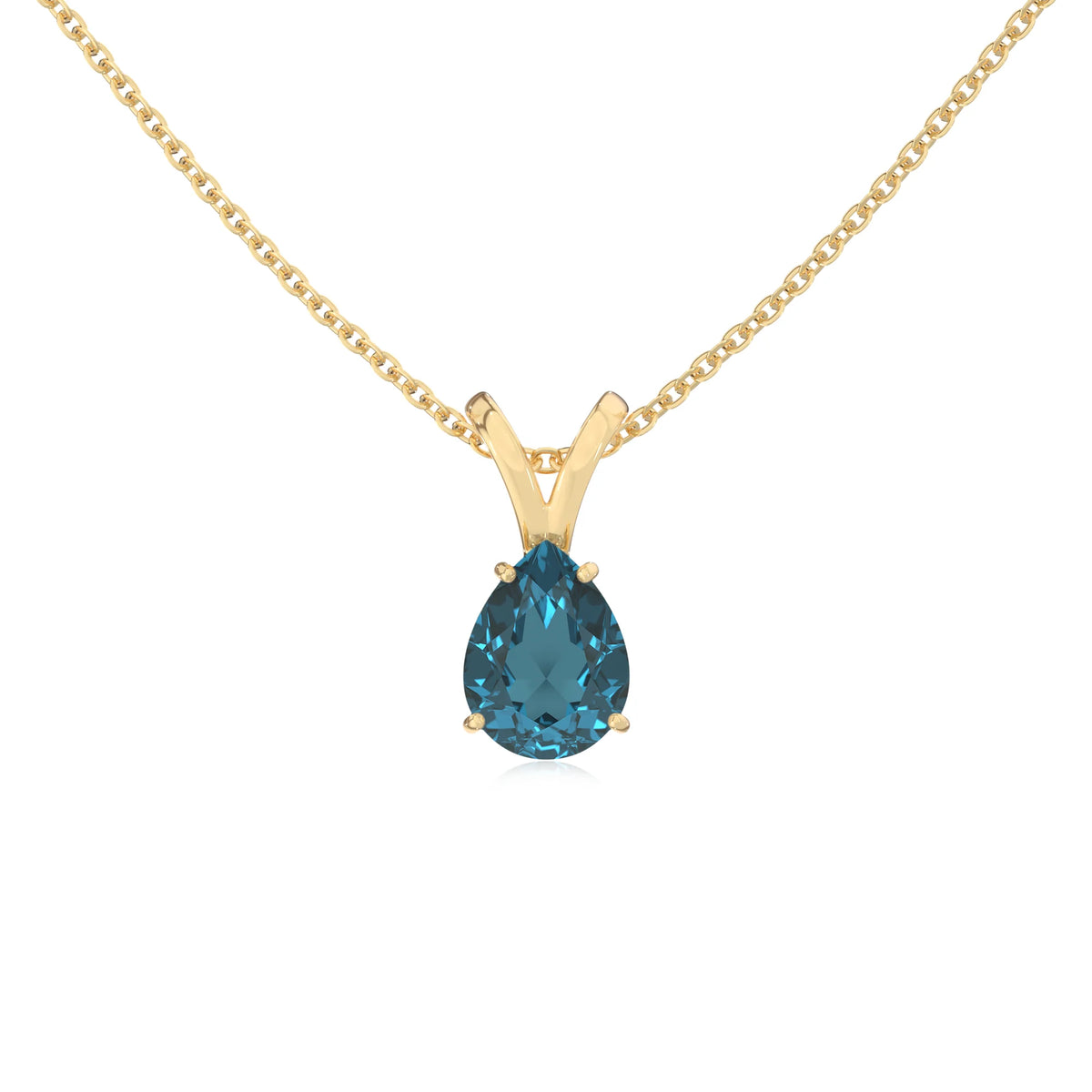 natural london-blue-topaz pear solitaire v-bale necklaces in yellow gold 