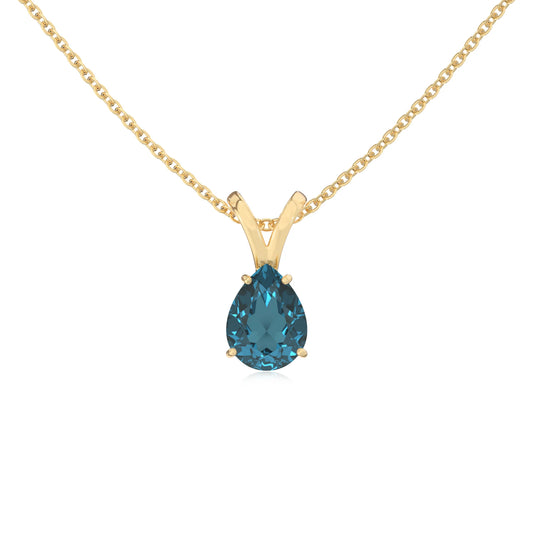 natural london-blue-topaz pear solitaire v-bale necklaces in yellow gold 