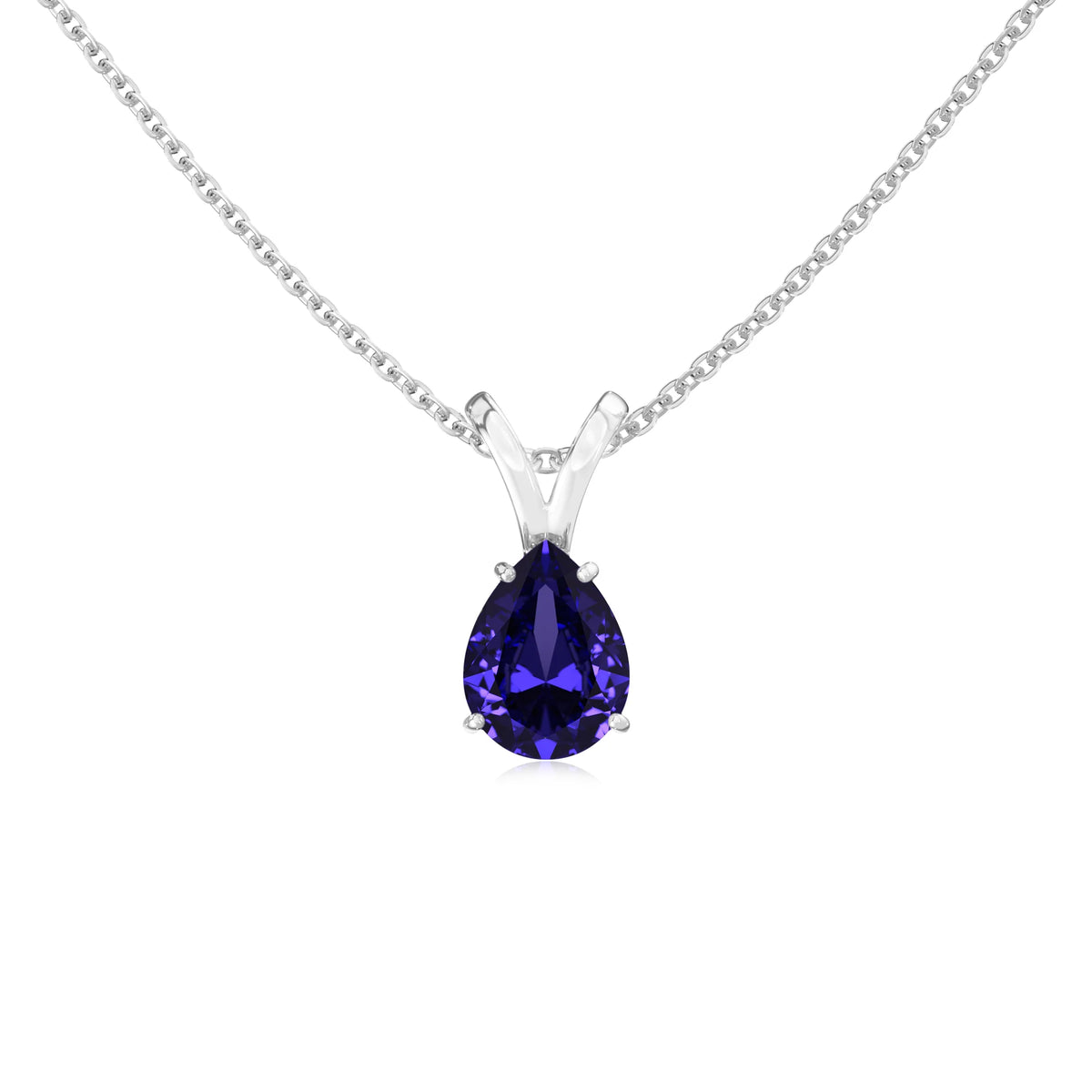 lab grown tanzanite pear solitaire v-bale necklaces in white gold 