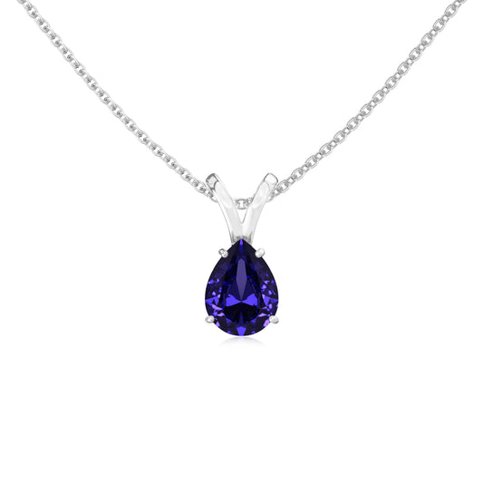 lab grown tanzanite pear solitaire v-bale necklaces in white gold 