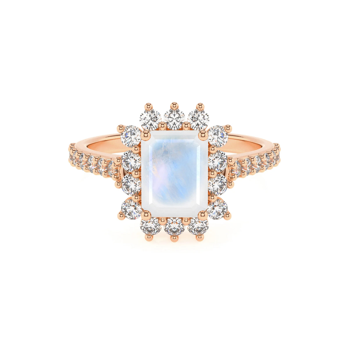 natural rainbow-moonstone emerald cut solitaire rings in rose gold 