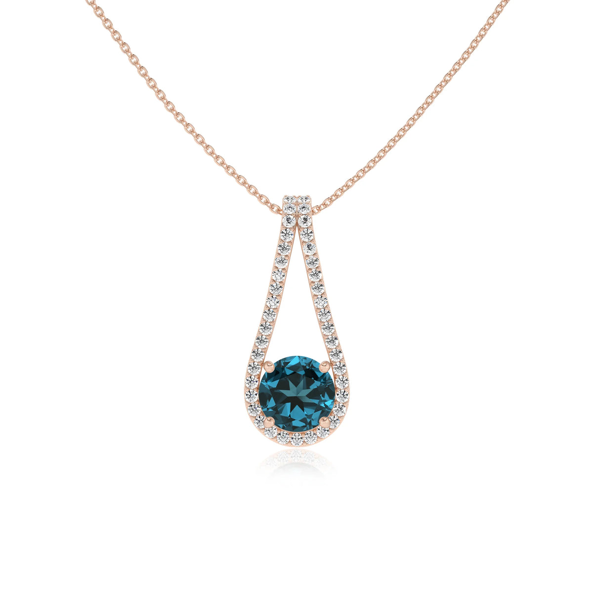 natural london-blue-topaz round solitaire v-bale necklaces in rose gold 