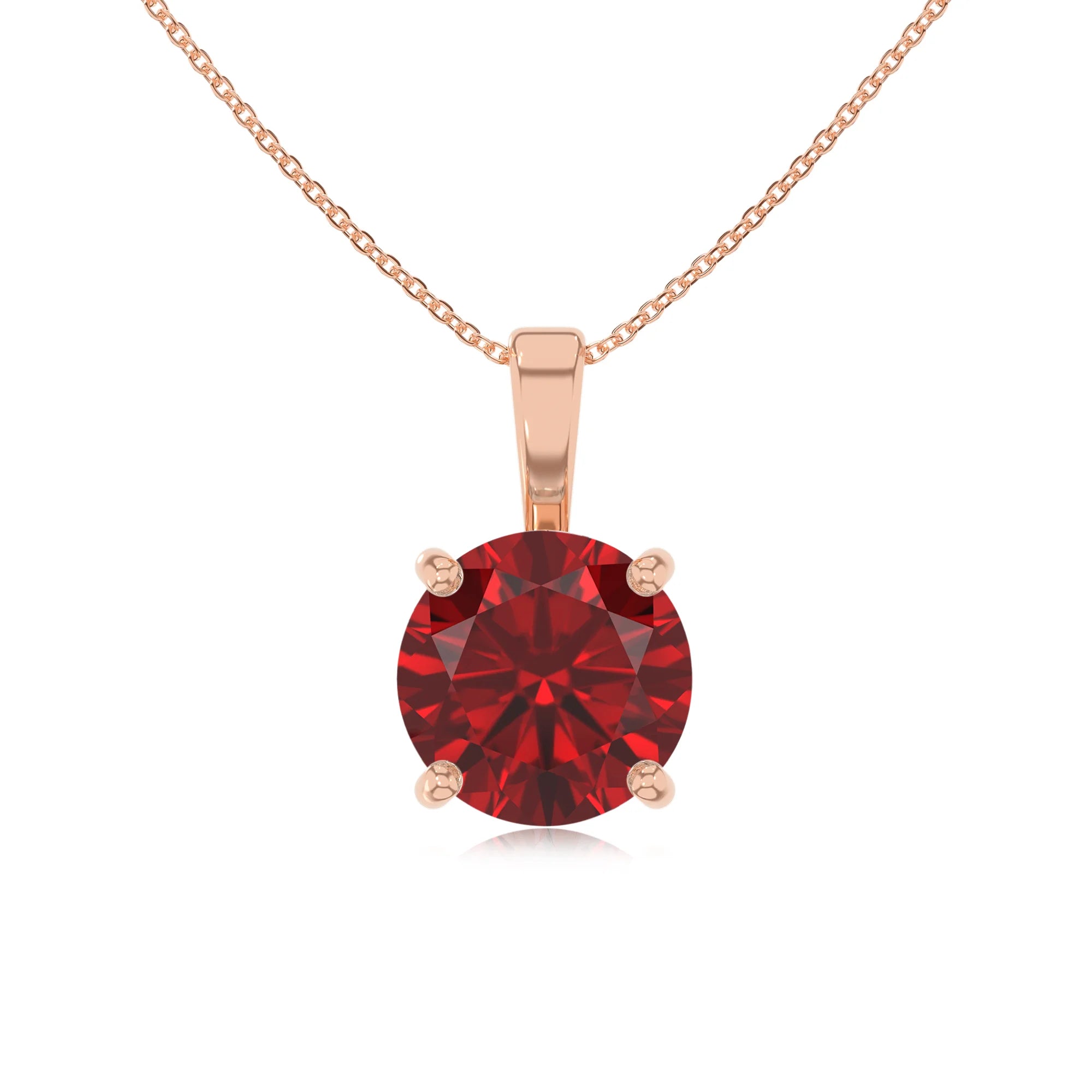 lab grown ruby round solitaire necklaces in rose gold 
