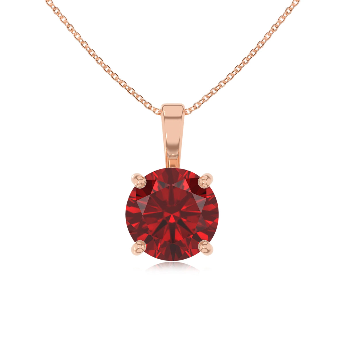 lab grown ruby round solitaire necklaces in rose gold 