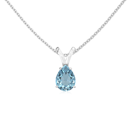 lab grown aquamarine pear solitaire v-bale necklaces in white gold 