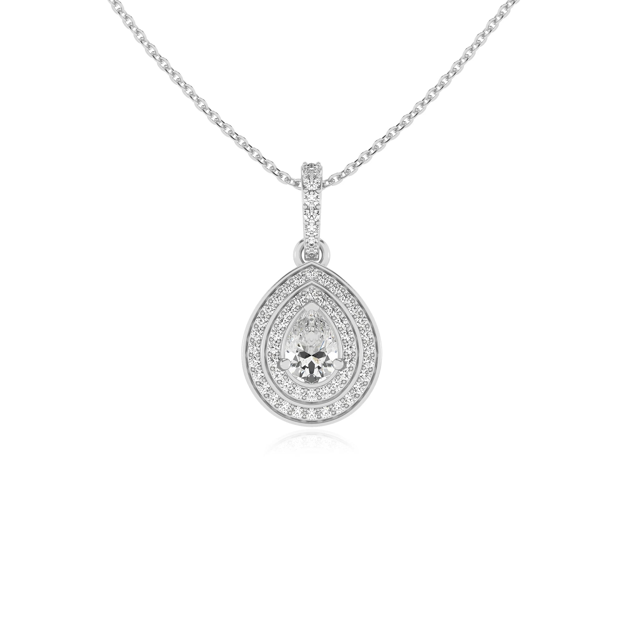 lab grown moissanite pear halo necklaces in white gold 