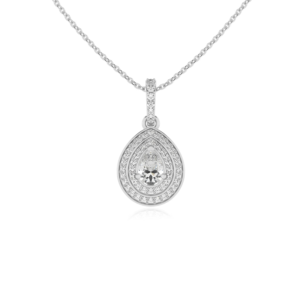 lab grown moissanite pear halo necklaces in white gold 
